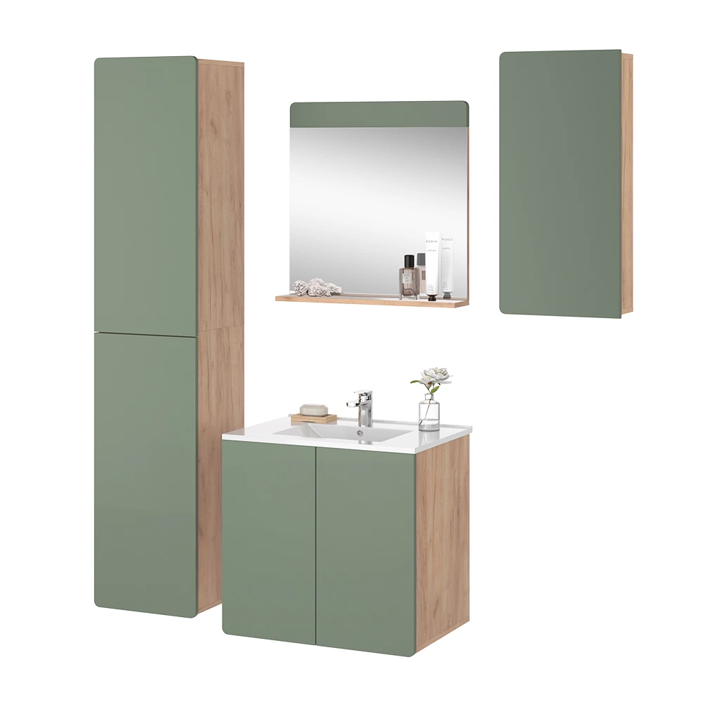 Vicco Set di mobili da bagno Goldkraft rovere/verde 5 pezzi con colonna e pensili, Izan