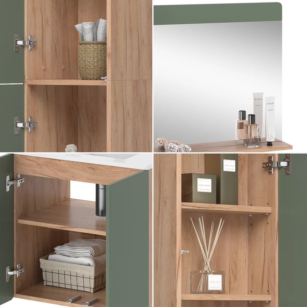Vicco Set di mobili da bagno Goldkraft rovere/verde 5 pezzi con colonna e pensili, Izan