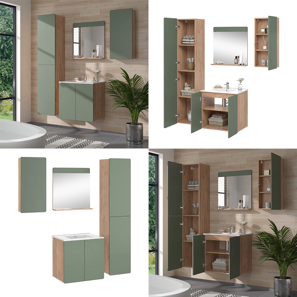 Vicco Set di mobili da bagno Goldkraft rovere/verde 5 pezzi con colonna e pensili, Izan