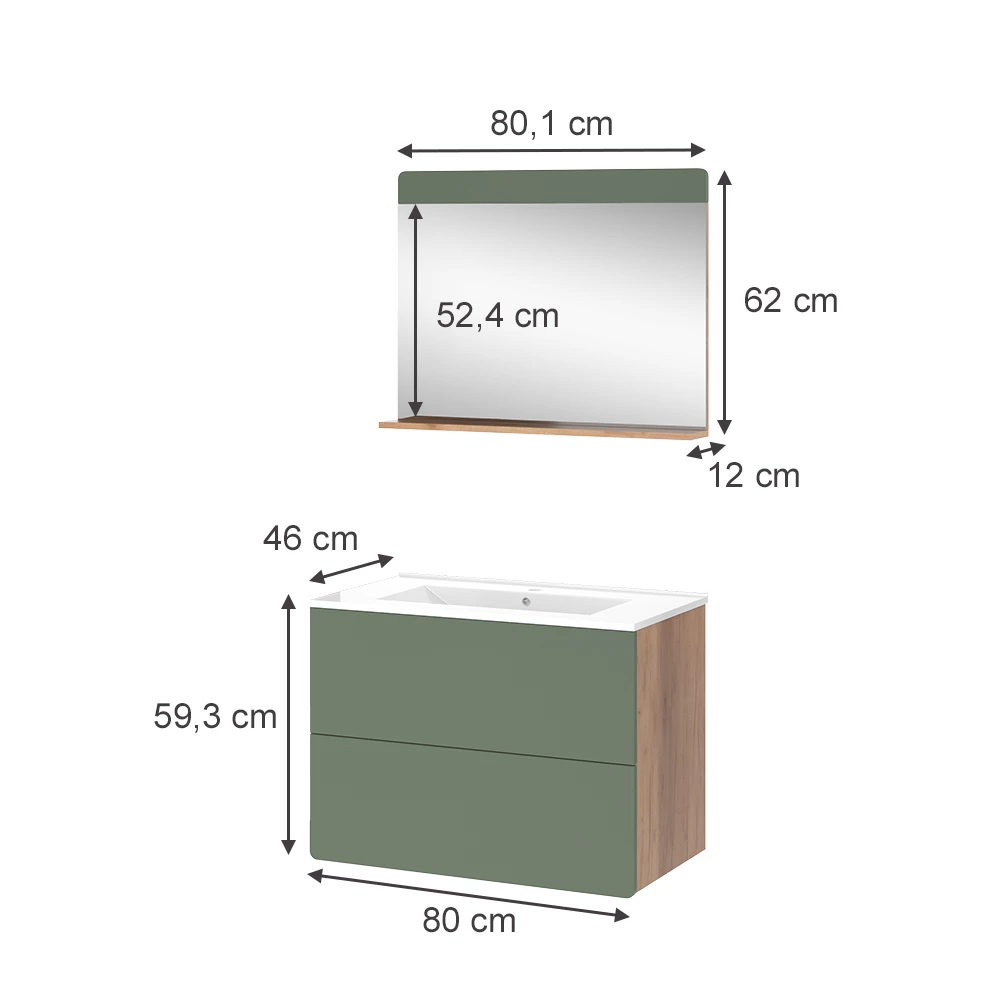 Vicco Badmöbel-Set Goldkraft Eiche/Grün 3 Teile mit Spiegel, Izan
