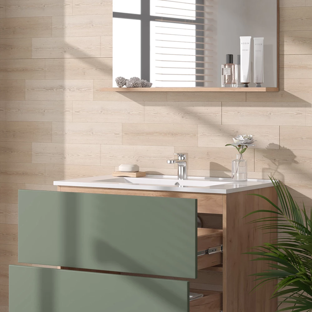 Vicco Badmöbel-Set Goldkraft Eiche/Grün 3 Teile mit Spiegel, Izan