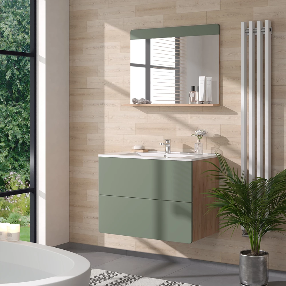 Vicco Badmöbel-Set Goldkraft Eiche/Grün 3 Teile mit Spiegel, Izan