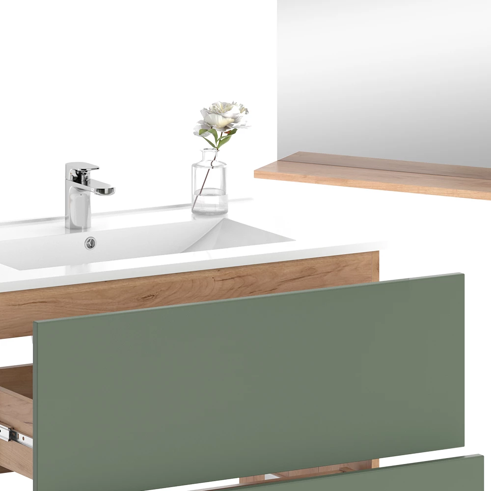 Vicco Badmöbel-Set Goldkraft Eiche/Grün 3 Teile mit Spiegel, Izan
