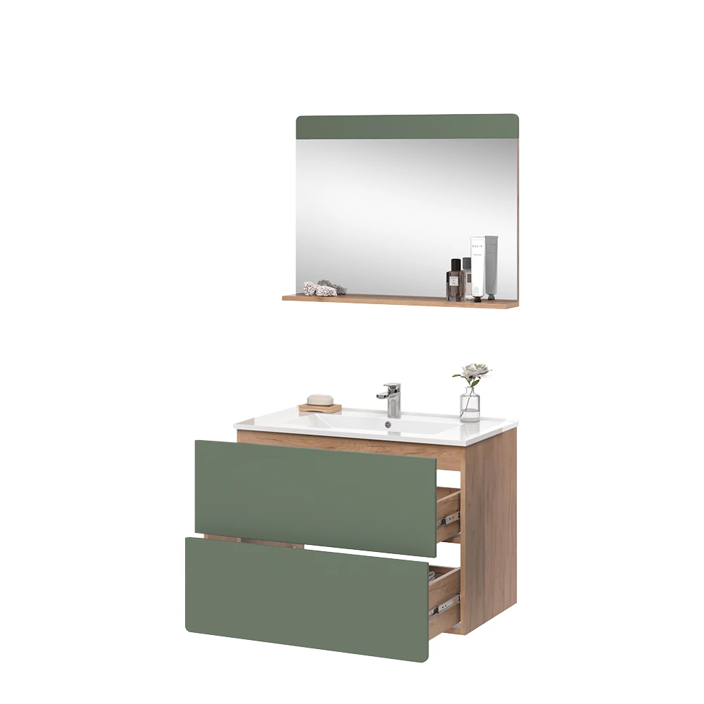 Vicco Badmöbel-Set Goldkraft Eiche/Grün 3 Teile mit Spiegel, Izan