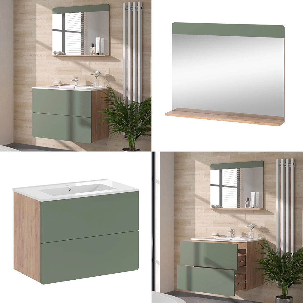 Vicco Badmöbel-Set Goldkraft Eiche/Grün 3 Teile mit Spiegel, Izan