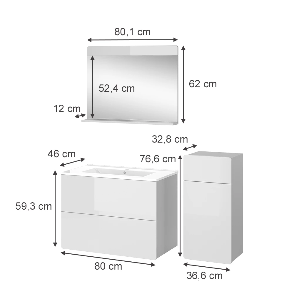 Vicco Badmöbel-Set "Izan", Weiß Hochglanz, 4 Teile mit Midischrank