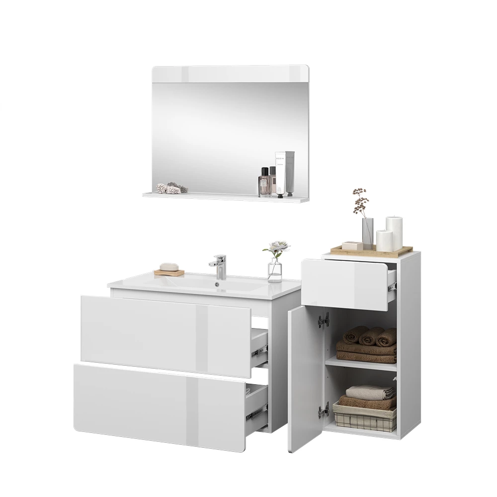 Vicco Badmöbel-Set "Izan", Weiß Hochglanz, 4 Teile mit Midischrank