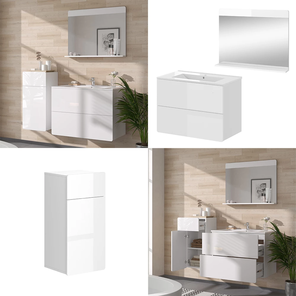 Vicco Badmöbel-Set "Izan", Weiß Hochglanz, 4 Teile mit Midischrank