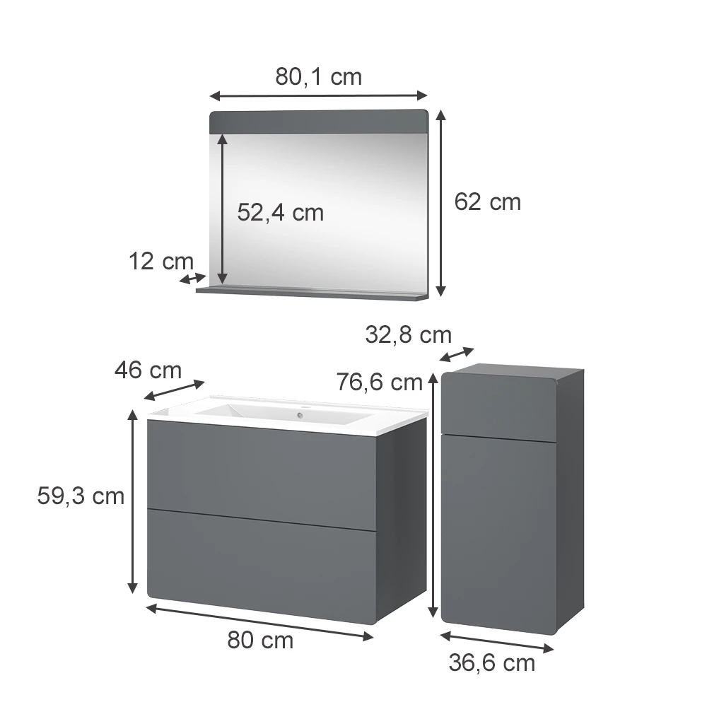 Vicco Badkamermeubel set Grijs 4 stuks met midi-eenheid, Izan