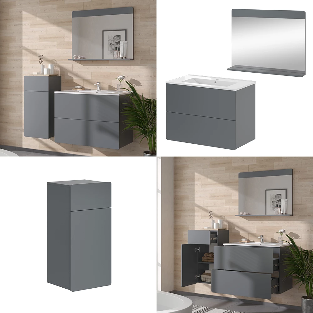 Vicco Badkamermeubel set Grijs 4 stuks met midi-eenheid, Izan