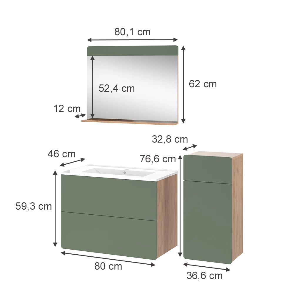 Vicco Badkamermeubelset Goldkraft eik/groen 4 stuks met midi-eenheid, Izan