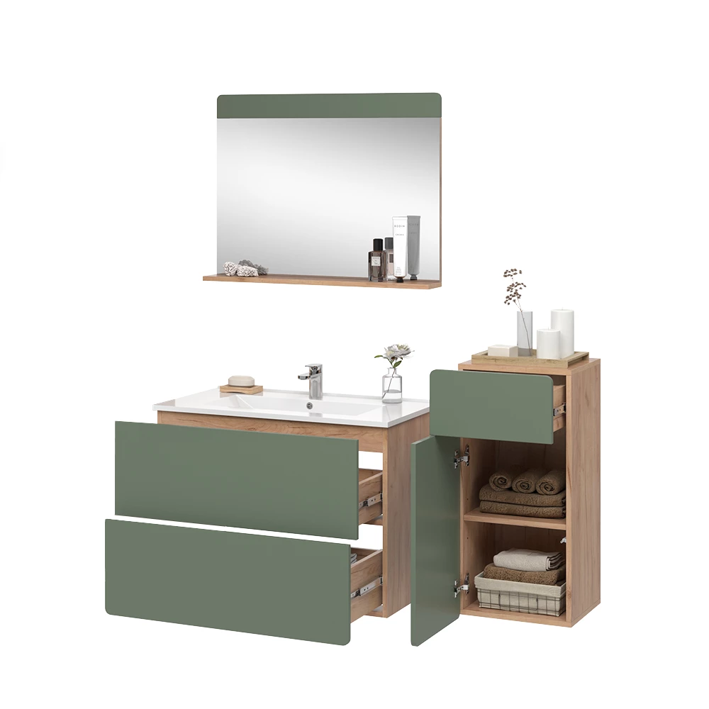 Vicco Badkamermeubelset Goldkraft eik/groen 4 stuks met midi-eenheid, Izan