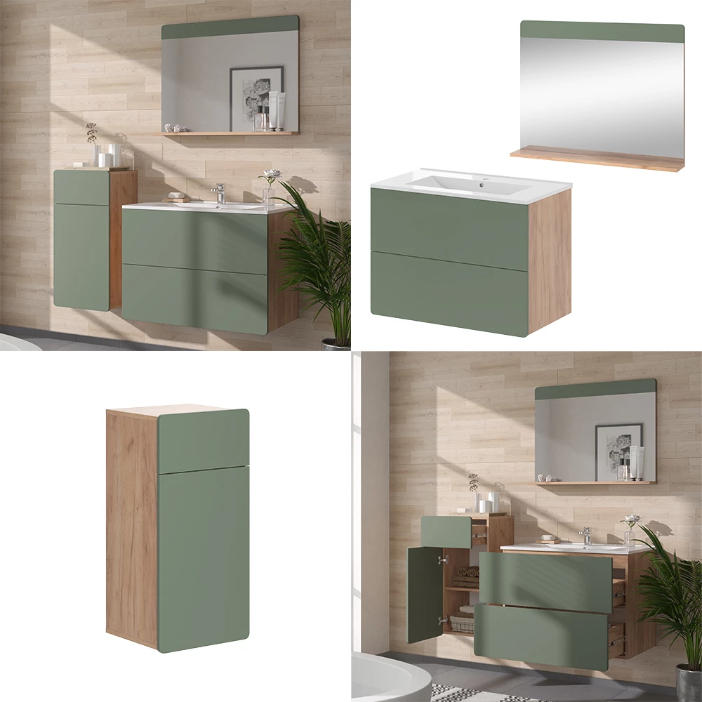 Vicco Badkamermeubelset Goldkraft eik/groen 4 stuks met midi-eenheid, Izan