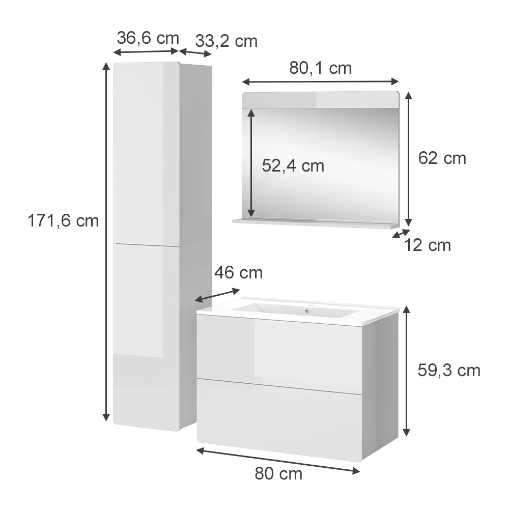 Vicco Badmöbel-Set "Izan", Weiß Hochglanz, 4 Teile mit Hochschrank