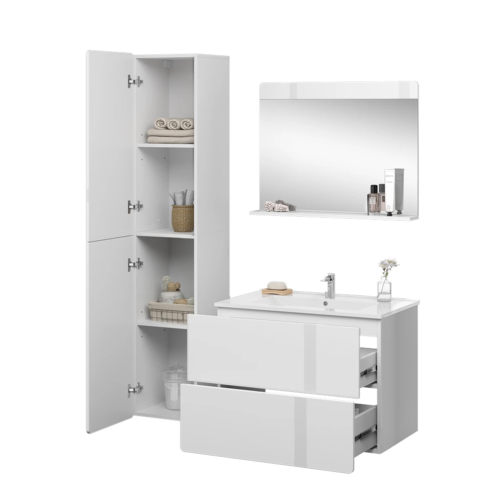Conjunto de móveis de banheiro Vicco "Izan", branco alto brilho, 4 peças com armário alto