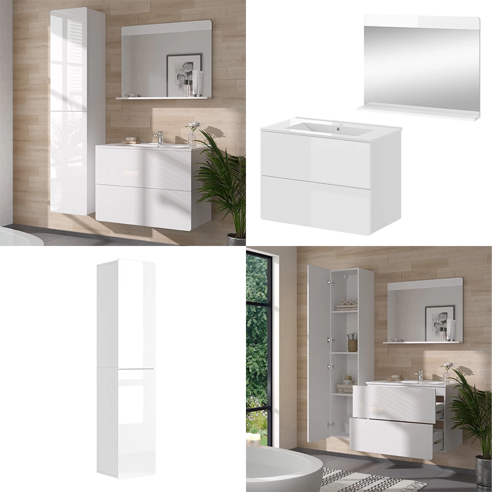 Conjunto de móveis de banheiro Vicco "Izan", branco alto brilho, 4 peças com armário alto