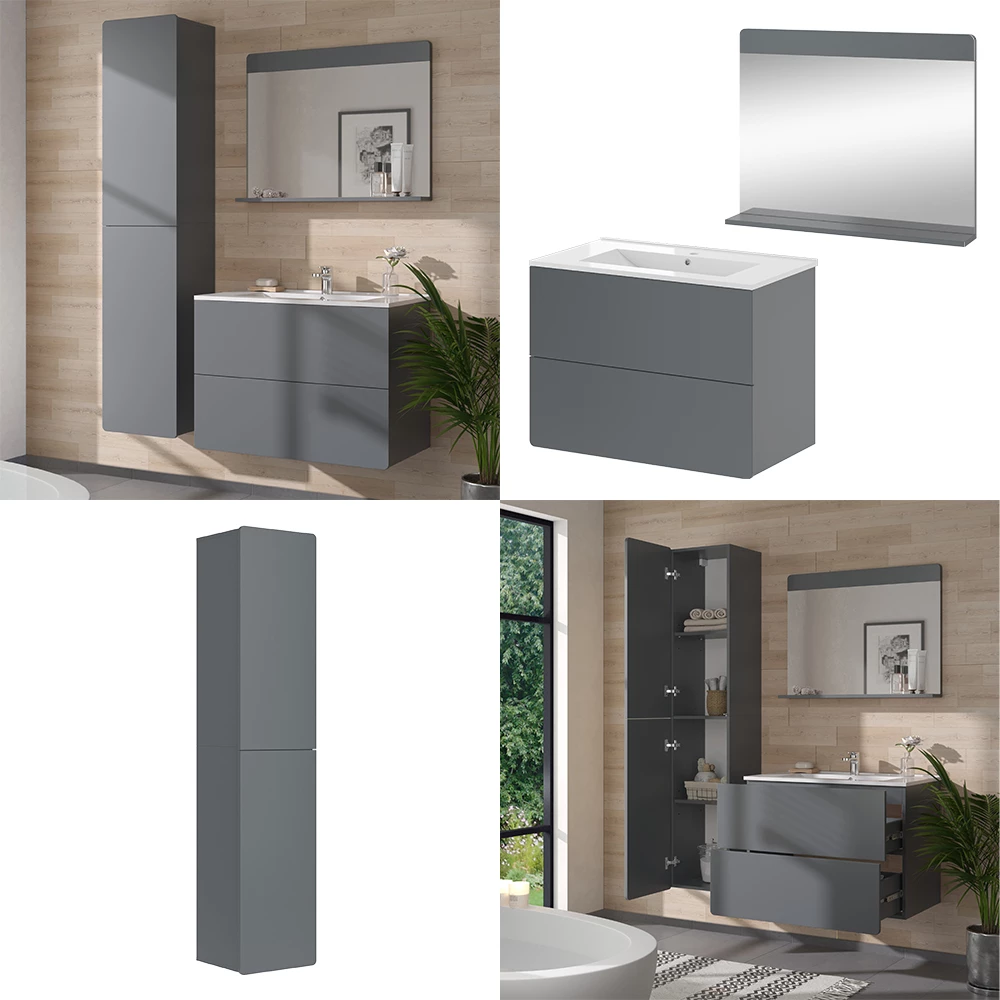 Vicco Set di mobili da bagno Grigio 4 pezzi con colonna, Izan
