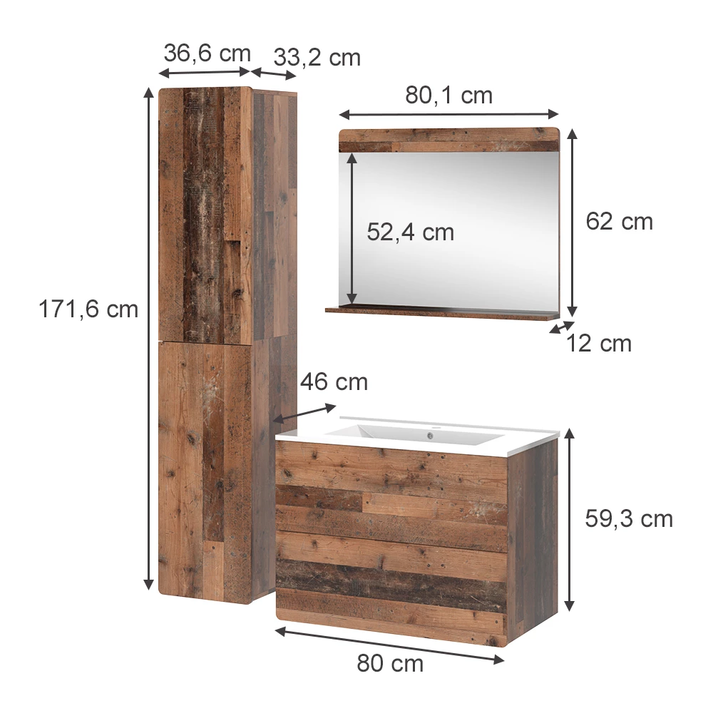 Vicco Badkamermeubelset Oldstyle 4 delen met hoge eenheid, Izan