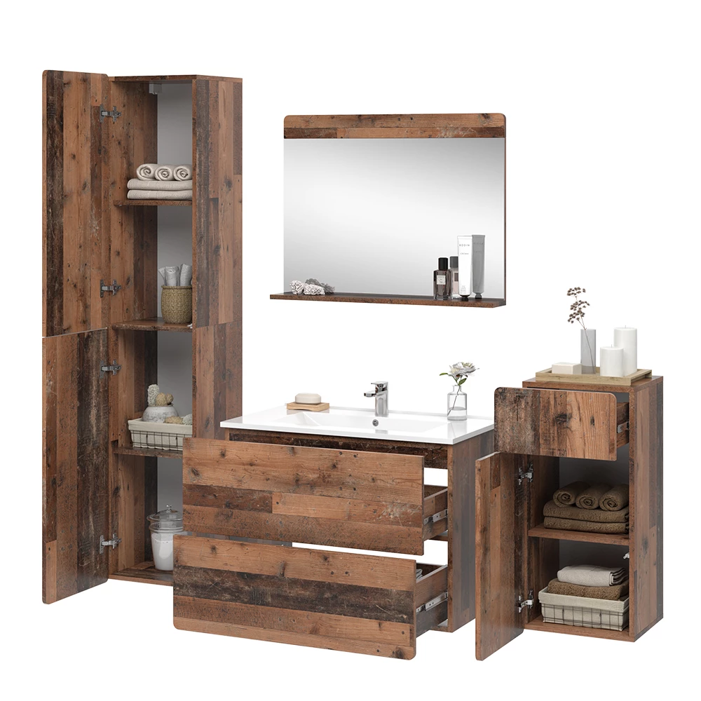 Vicco Badmöbel-Set "Izan", Oldstyle, 5 Teile mit Hoch- und Midischrank