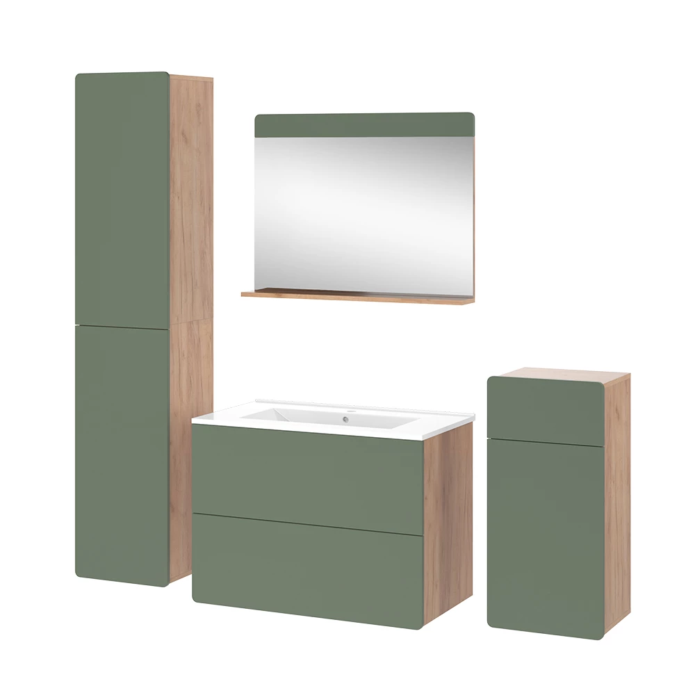 Vicco Badmöbel-Set "Izan", Goldkraft Eiche/Grün, 5 Teile mit Hoch- und Midischrank