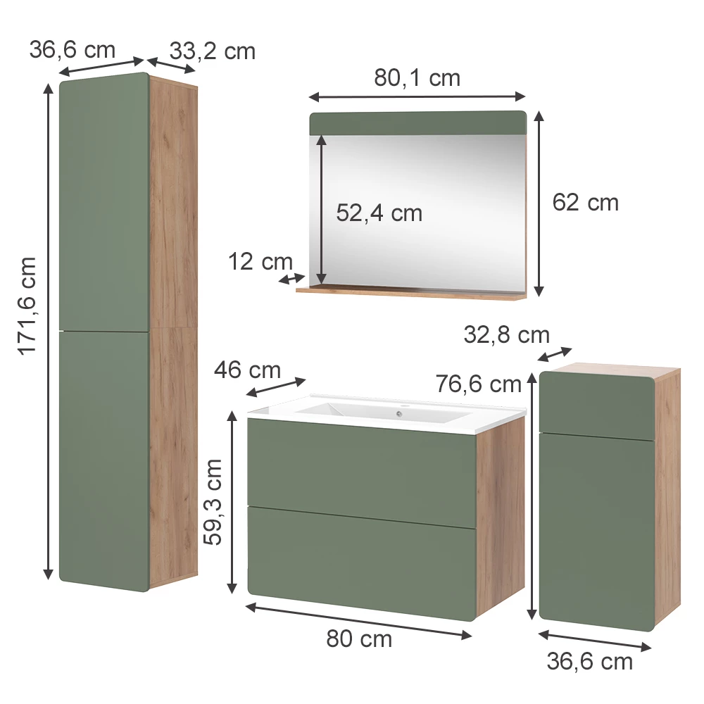 Vicco Badmöbel-Set "Izan", Goldkraft Eiche/Grün, 5 Teile mit Hoch- und Midischrank