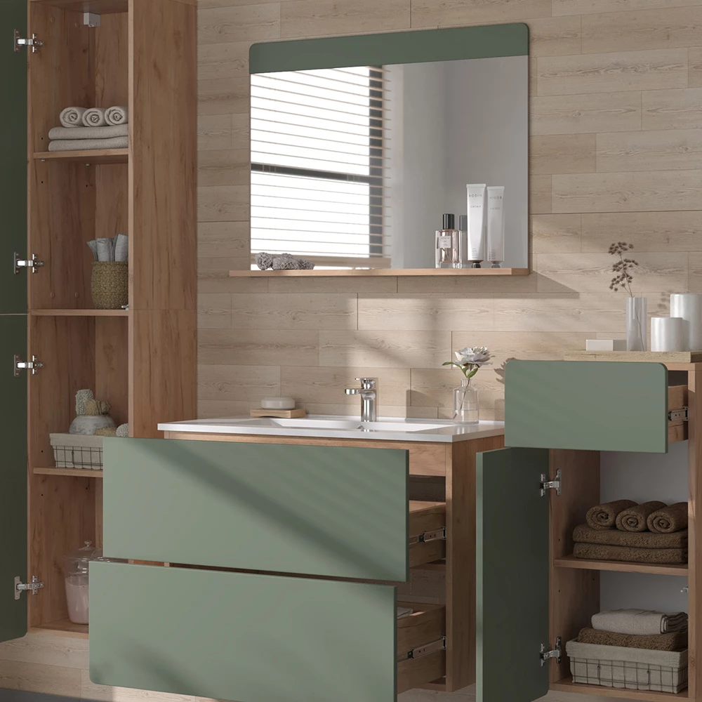 Vicco Badmöbel-Set "Izan", Goldkraft Eiche/Grün, 5 Teile mit Hoch- und Midischrank