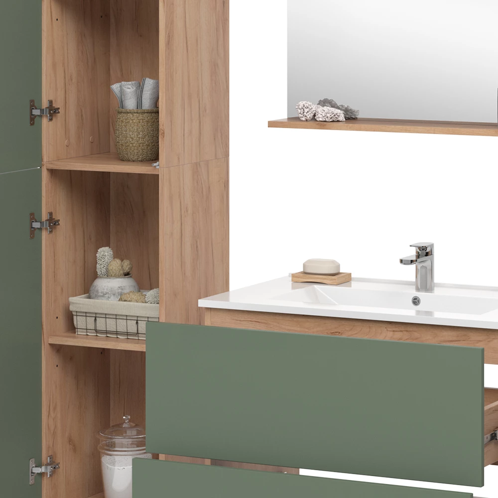 Vicco Badmöbel-Set "Izan", Goldkraft Eiche/Grün, 5 Teile mit Hoch- und Midischrank