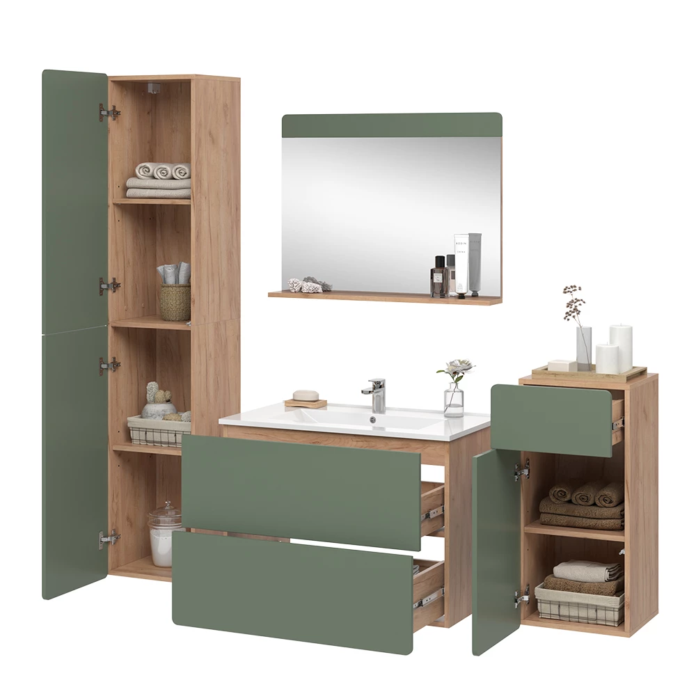 Vicco Badmöbel-Set "Izan", Goldkraft Eiche/Grün, 5 Teile mit Hoch- und Midischrank