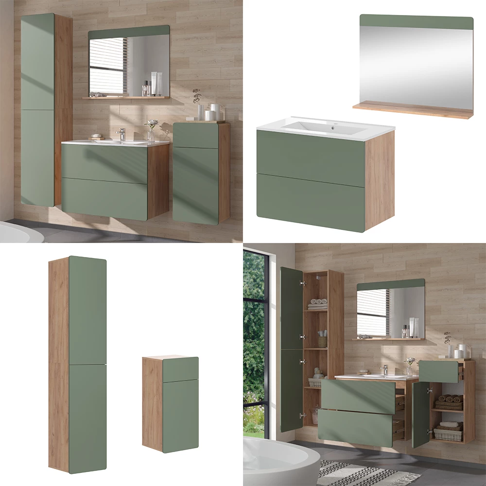 Vicco Badmöbel-Set "Izan", Goldkraft Eiche/Grün, 5 Teile mit Hoch- und Midischrank