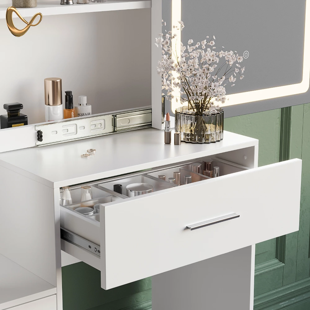 Nahaufnahme von Schminktisch in Weiß, zeigt Design- und Oberflächendetails