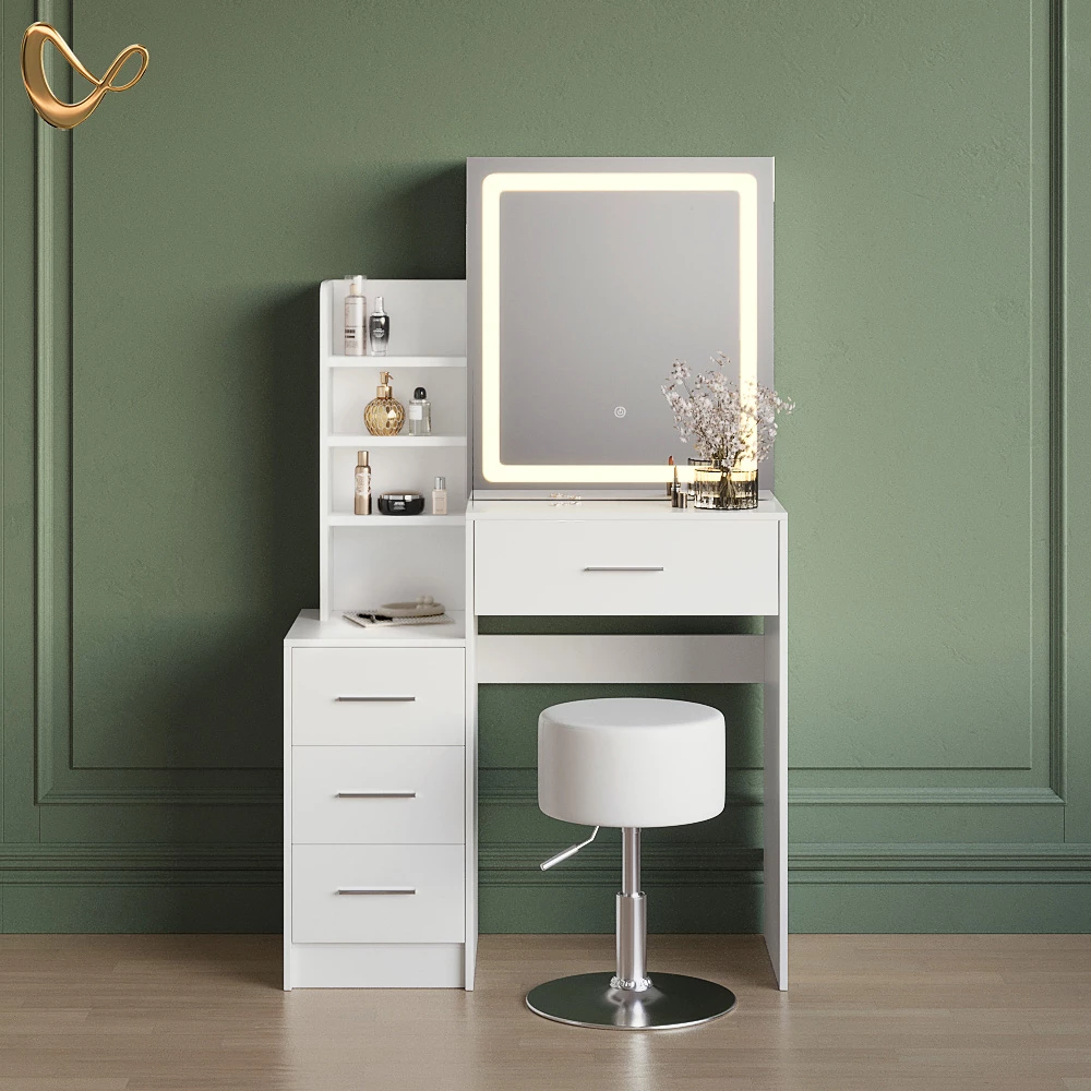 Schminktisch in Weiß, dargestellt im Ambiente und auf weißem Hintergrund