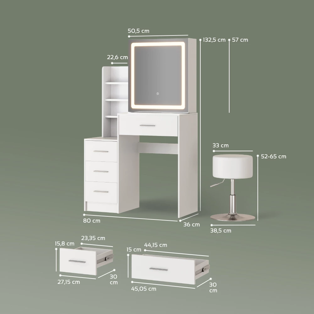 Schminktisch in Weiß auf weißem Hintergrund mit sichtbaren Maßen