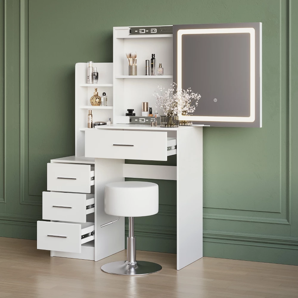 Nahaufnahme von Schminktisch in Weiß, zeigt Textur/Details