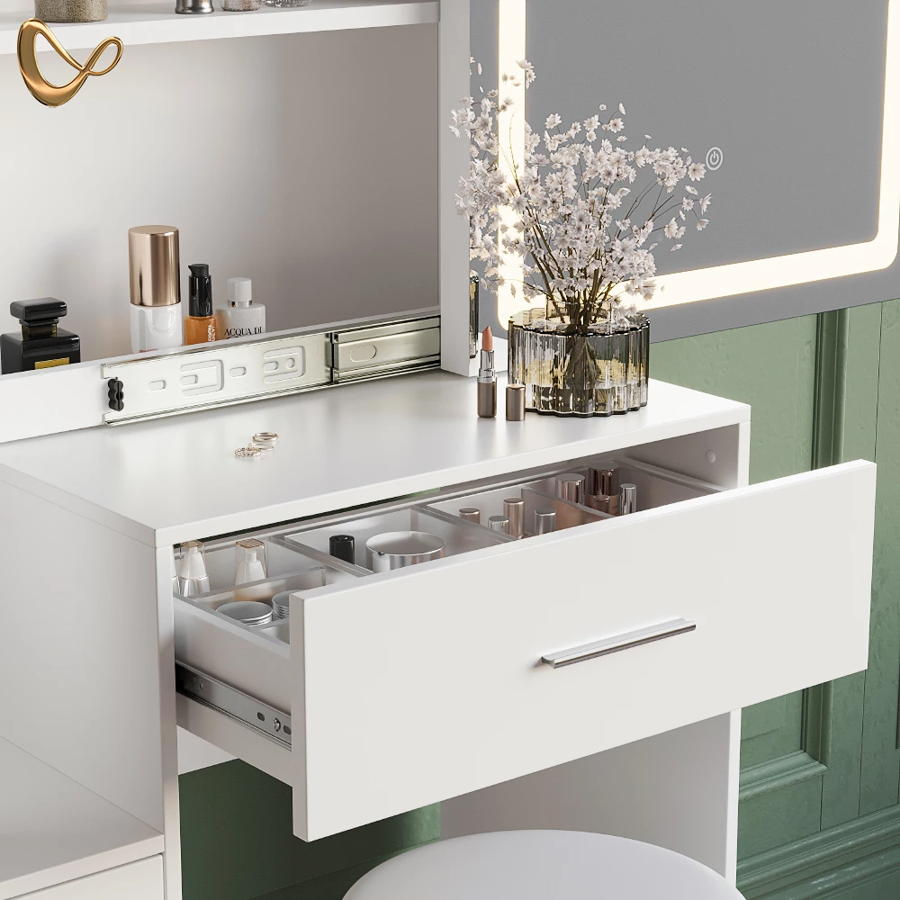 Nahaufnahme von Schminktisch in Weiß, zeigt Design- und Oberflächendetails