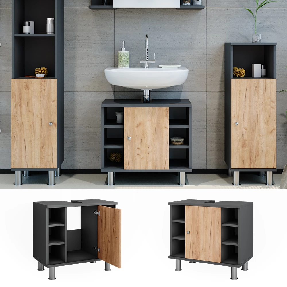 Vicco Vanity unit for washbasin Antrasiitti/Goldkraft tammi 60x54 cm6 hyllyä, Fynn
