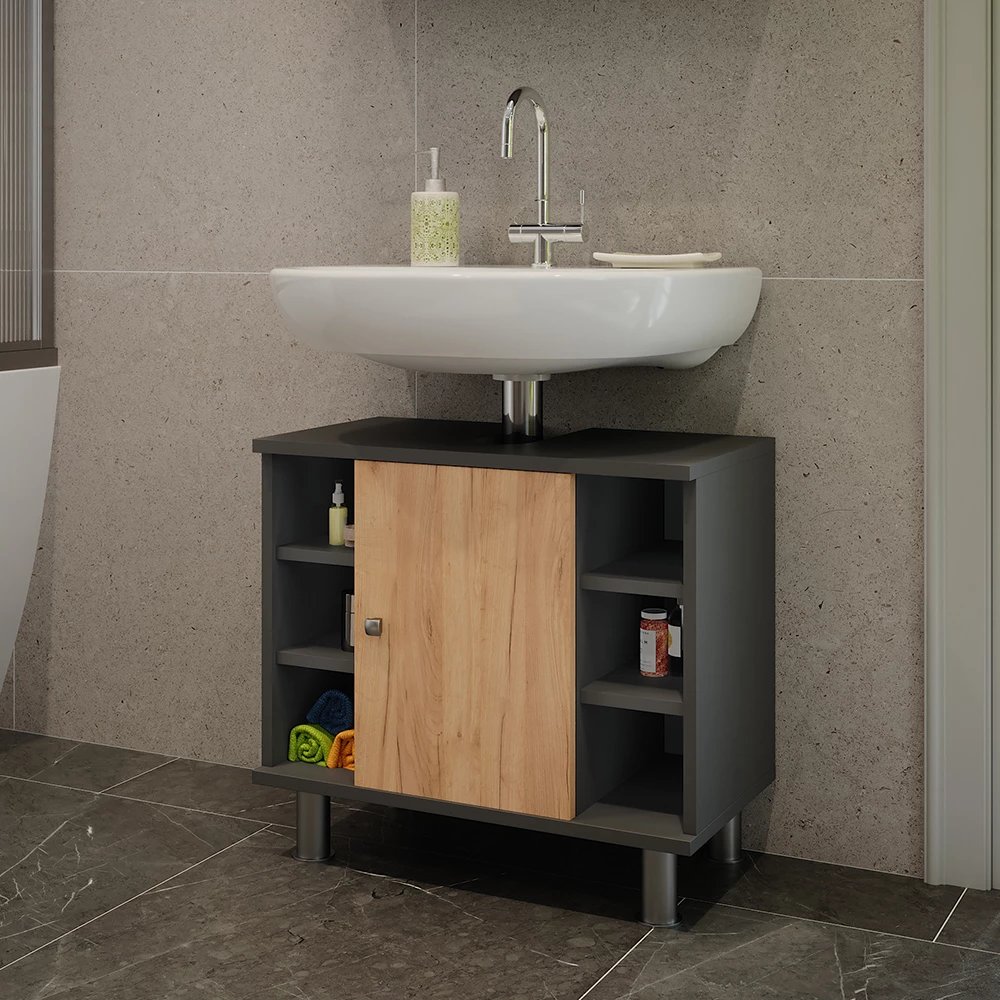 Vicco Mobiletto per lavabo Antracite/quercia dorata 60 x 54 cm con 6 ripiani, Fynn