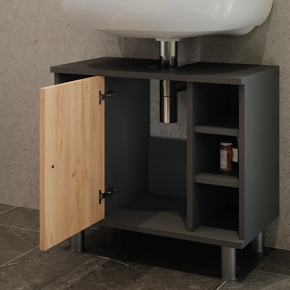 Vicco Mobiletto per lavabo Antracite/quercia dorata 60 x 54 cm con 6 ripiani, Fynn