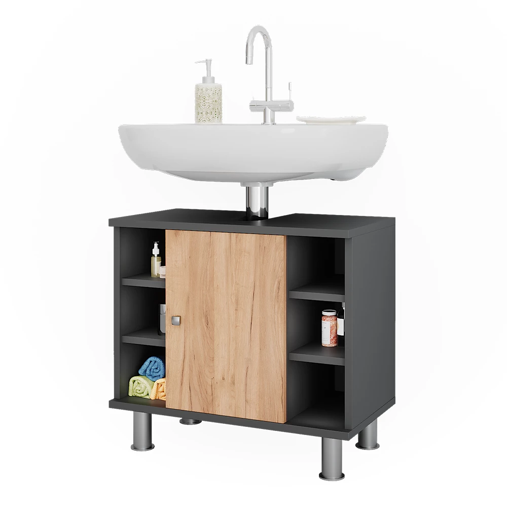 Vicco Mobiletto per lavabo Antracite/quercia dorata 60 x 54 cm con 6 ripiani, Fynn