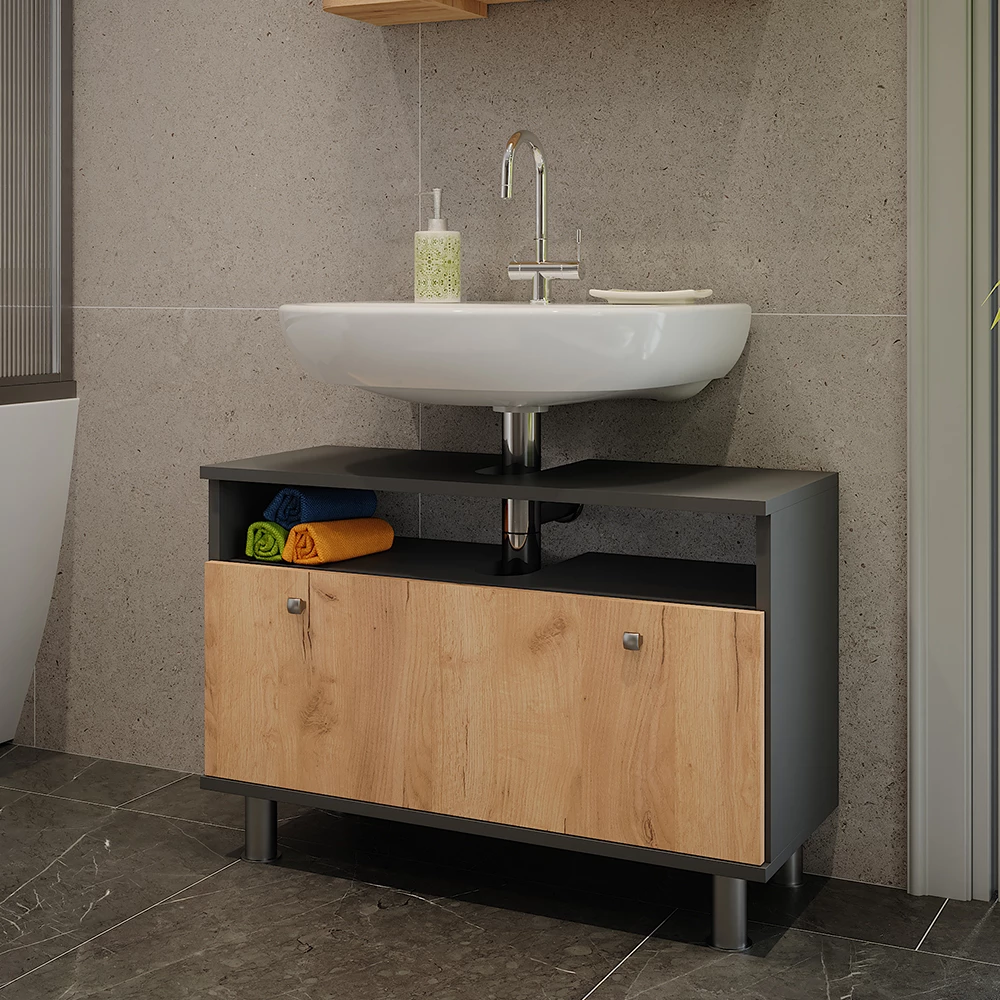 Vicco Wastafelonderbouw Antraciet/gouden eik 80.2 x 54 cm met lade, Fynn