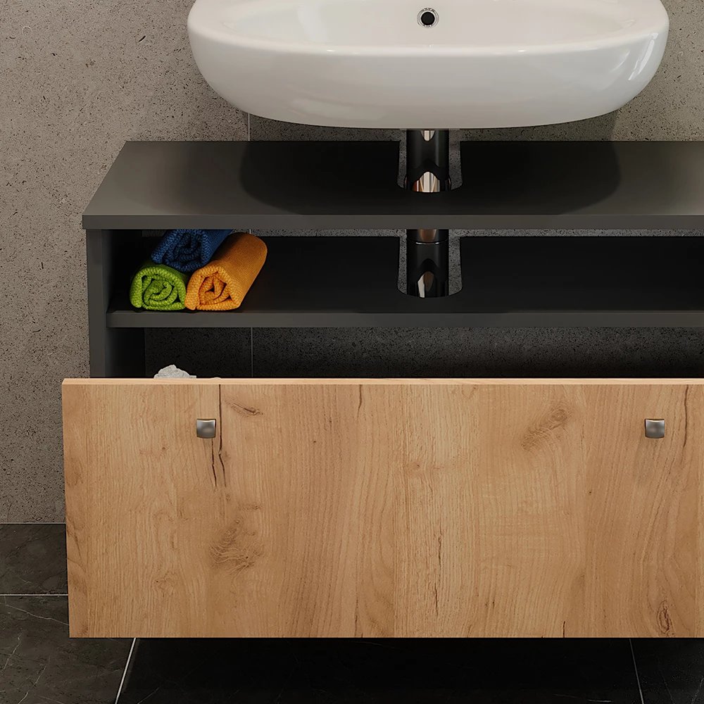 Vicco Wastafelonderbouw Antraciet/gouden eik 80.2 x 54 cm met lade, Fynn