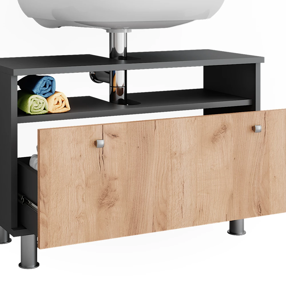 Vicco Wastafelonderbouw Antraciet/gouden eik 80.2 x 54 cm met lade, Fynn