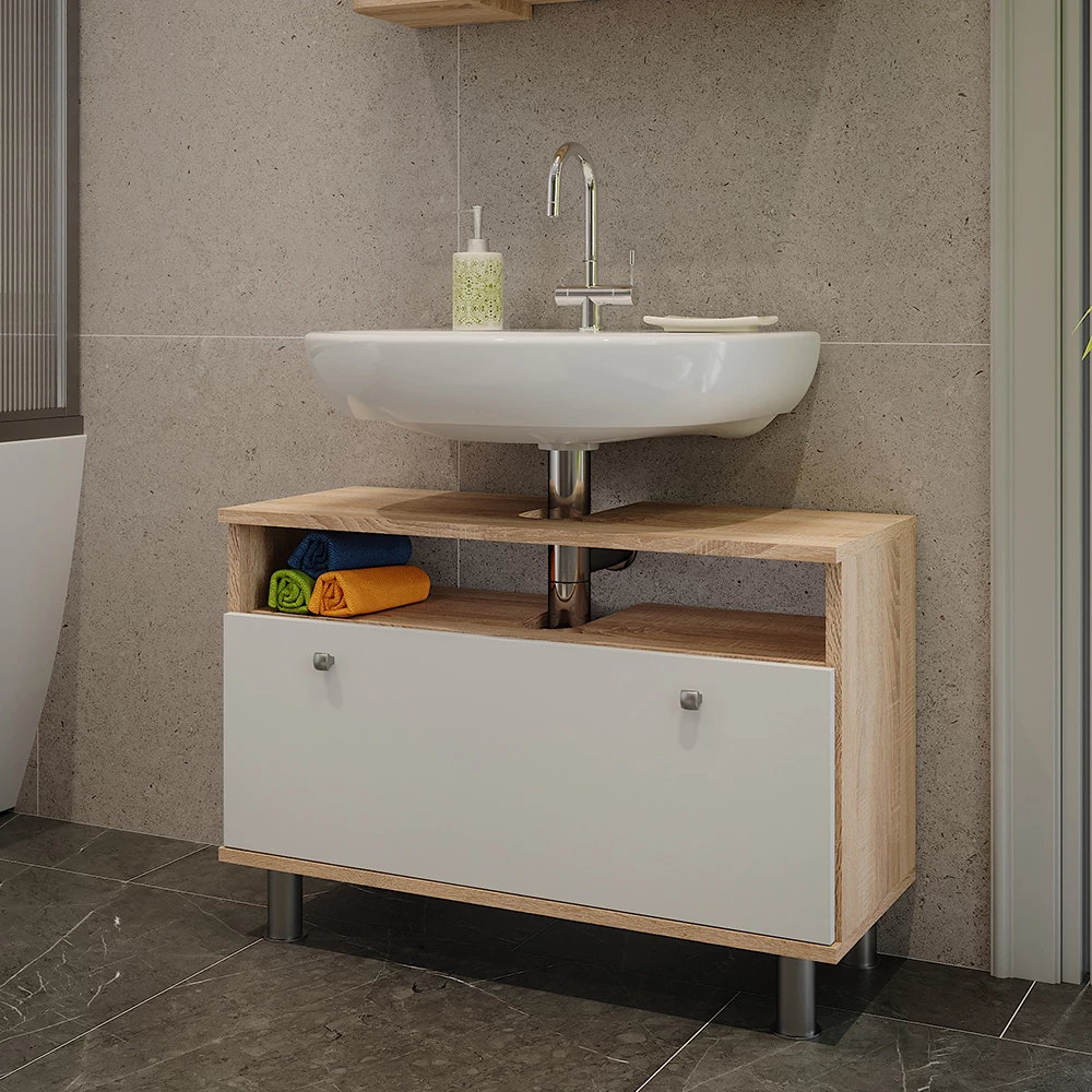 Vicco Wastafelonderbouw Sonoma/Wit 80.2 x 54 cm met lade, Fynn