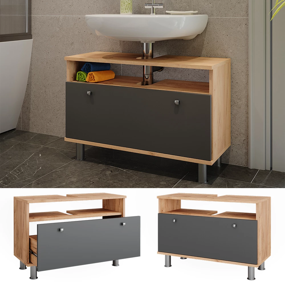 Vicco Waschbeckenunterschrank Goldkraft Eiche/Anthrazit 80.2 x 54 cm mit Schublade, Fynn