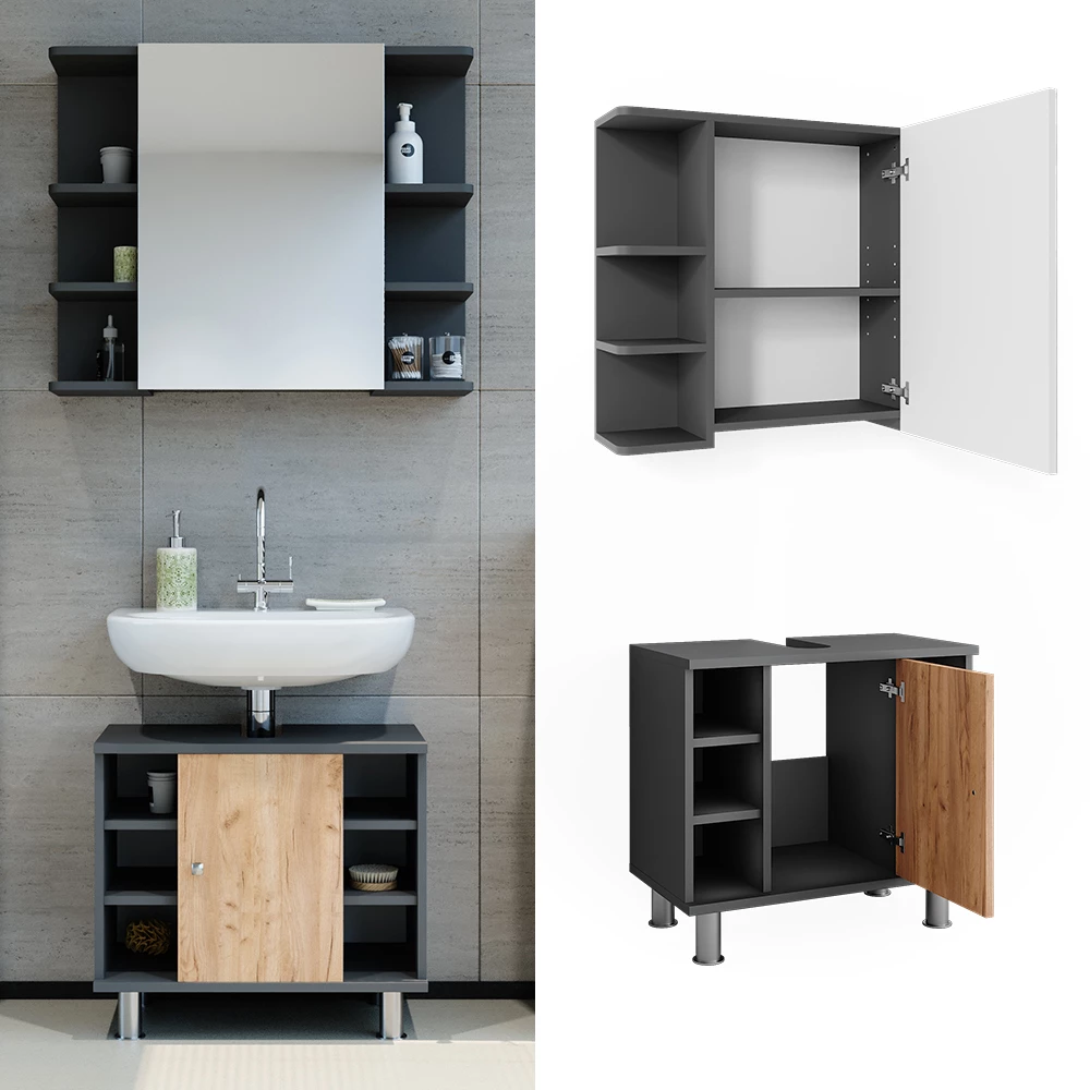 Vicco Badmöbel-Set Anthrazit/Goldkraft Eiche 2 Teile, Fynn