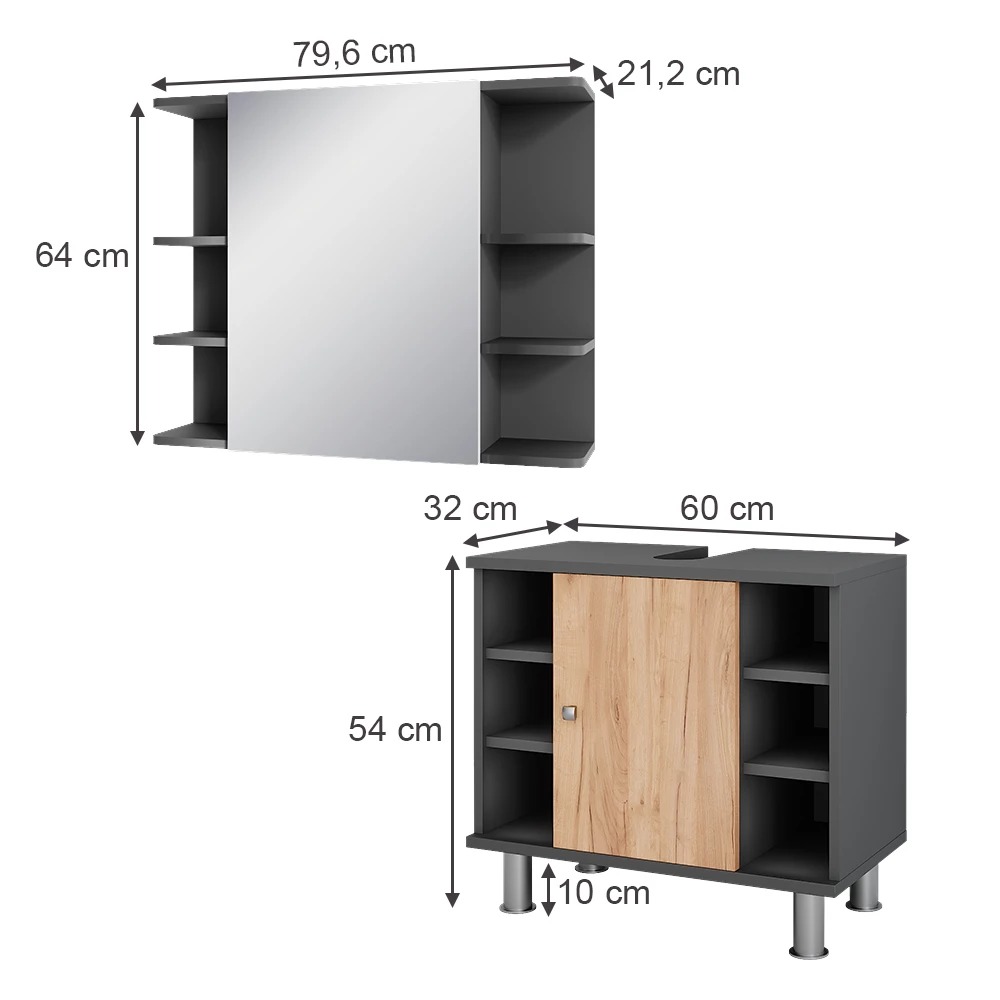 Vicco Badmöbel-Set Anthrazit/Goldkraft Eiche 2 Teile, Fynn