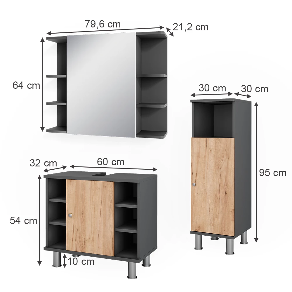 Vicco Badkamerspiegelkast Antraciet/gouden eik 3 stuks met midi-eenheid, Fynn