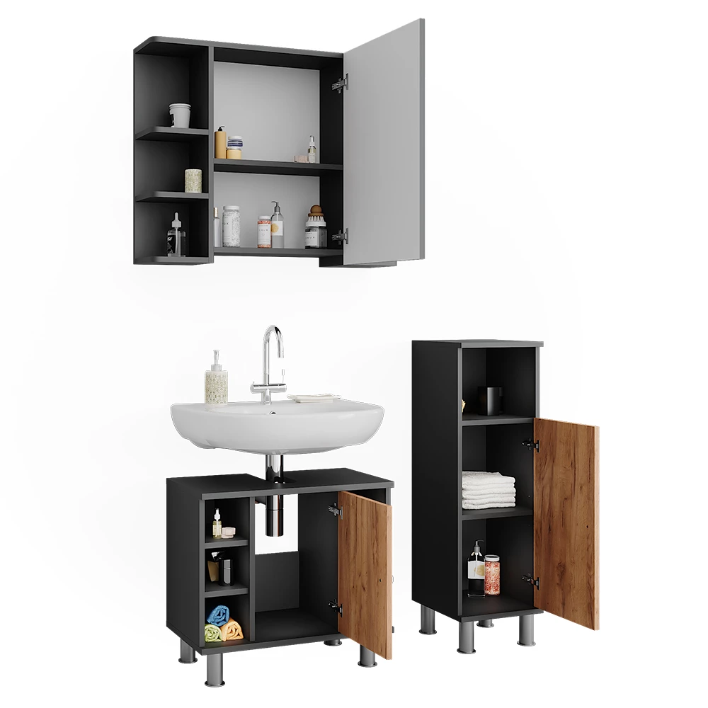 Vicco Badkamerspiegelkast Antraciet/gouden eik 3 stuks met midi-eenheid, Fynn