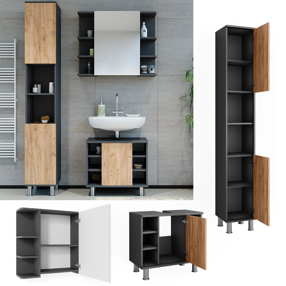 Vicco Set di mobili da bagno Antracite/quercia dorata 3 parti con colonna, Fynn