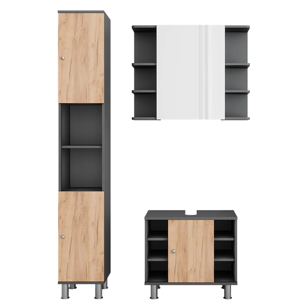 Vicco Set di mobili da bagno Antracite/quercia dorata 3 parti con colonna, Fynn