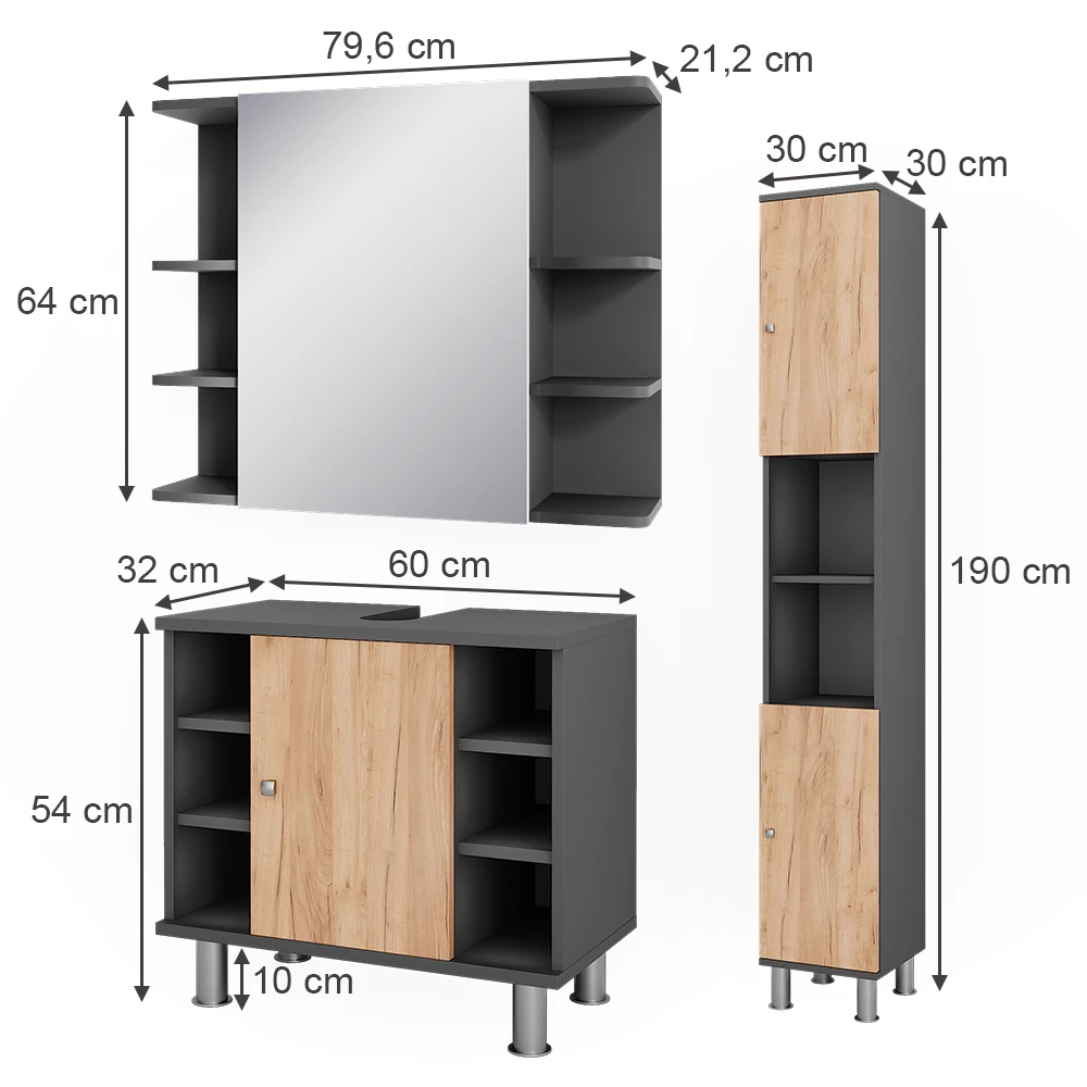 Vicco Set di mobili da bagno Antracite/quercia dorata 3 parti con colonna, Fynn